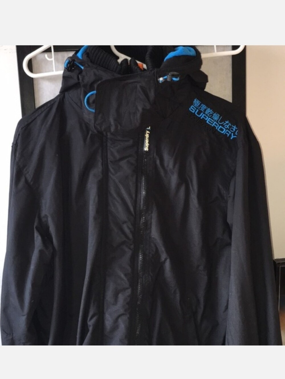 Superdry Black Coat with Blue Logo Accents